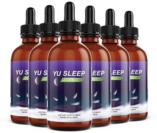 Six amber 60 mL dropper bottles of Yu Sleep liquid dietary supplement with purple labels reading Advanced Nerve Support Formula