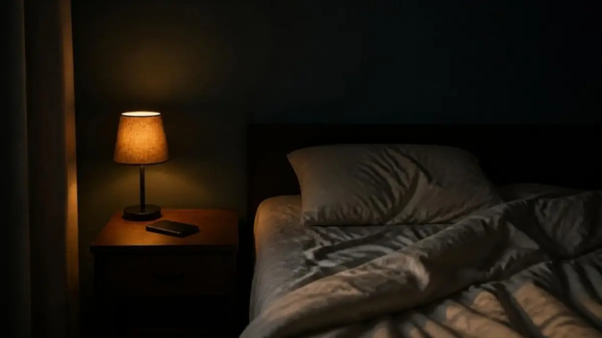 An empty bed with the duvet pushed back and a phone face down on the bedside table, in a dark room with a low lamp