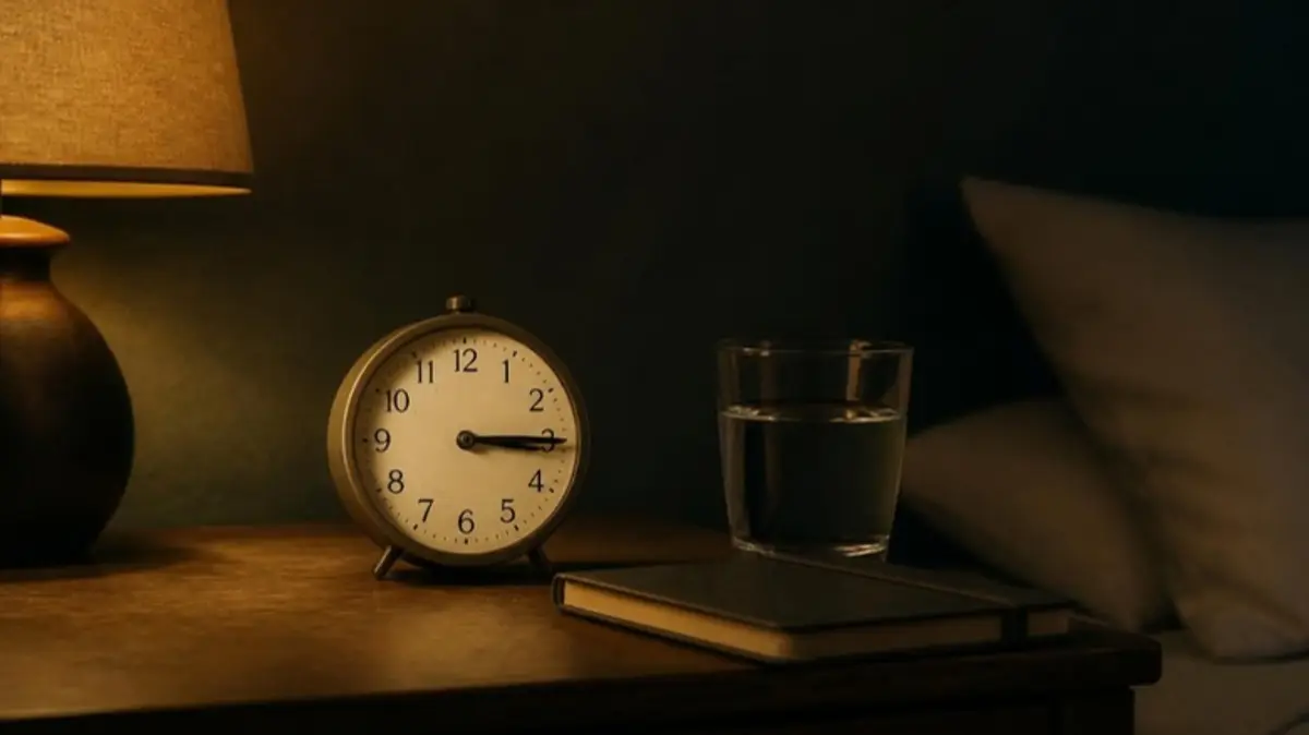 An analog alarm clock beside a glass of water and a notebook on a bedside table, lit by a lamp at night