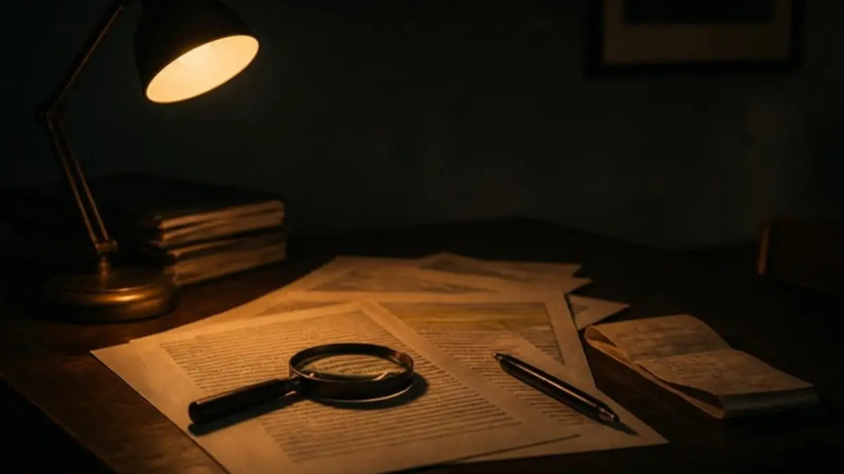 Printed pages with a magnifying glass, a pen and a folded receipt on a desk under a lamp