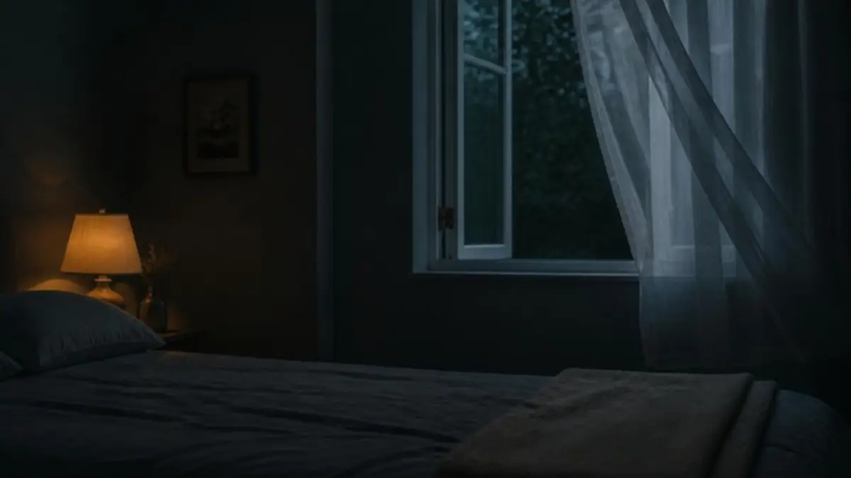 A slightly open window with a sheer curtain and a folded blanket at the foot of a bed at night