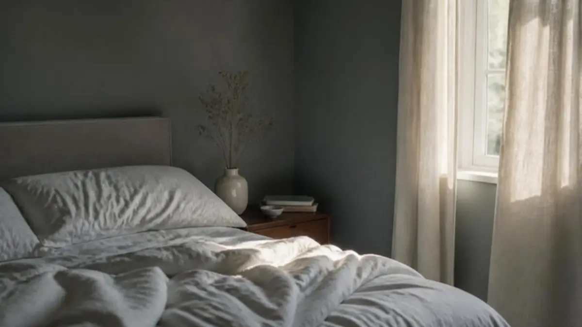Soft early daylight through a linen curtain onto an unmade bed
