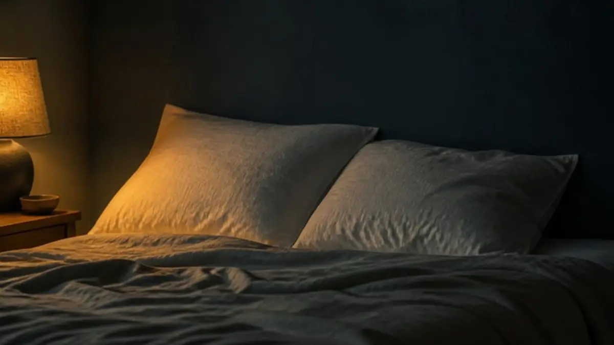 Two soft pillows and rumpled linen sheets in the glow of a bedside lamp