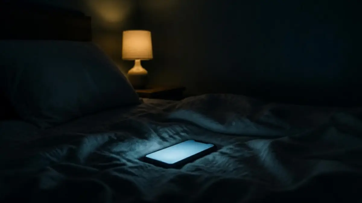 A phone screen glowing on a bed in a dark room, with a dim lamp behind